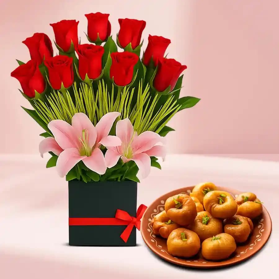 Balushahi from Karachi Sweet Mart with a Designer Flower Arrangement