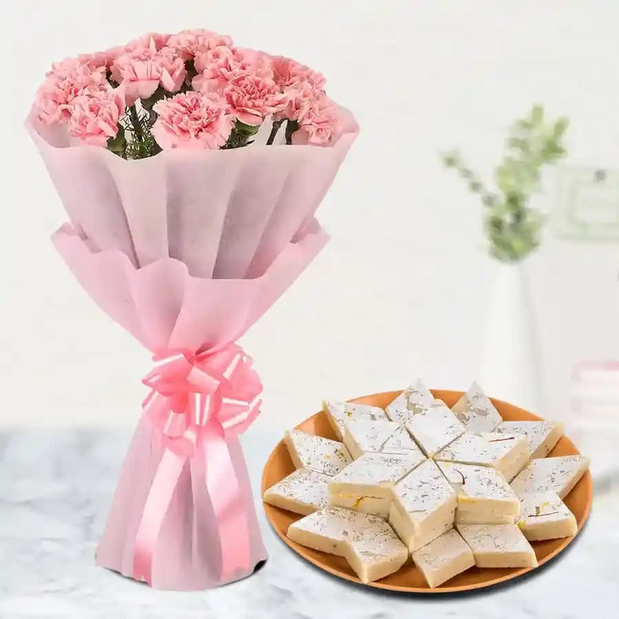 Charming Carnations N Kaju Katli Treat