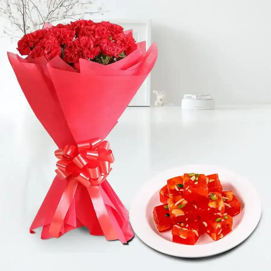 Stunning Carnations N Bombay Halwa Treat