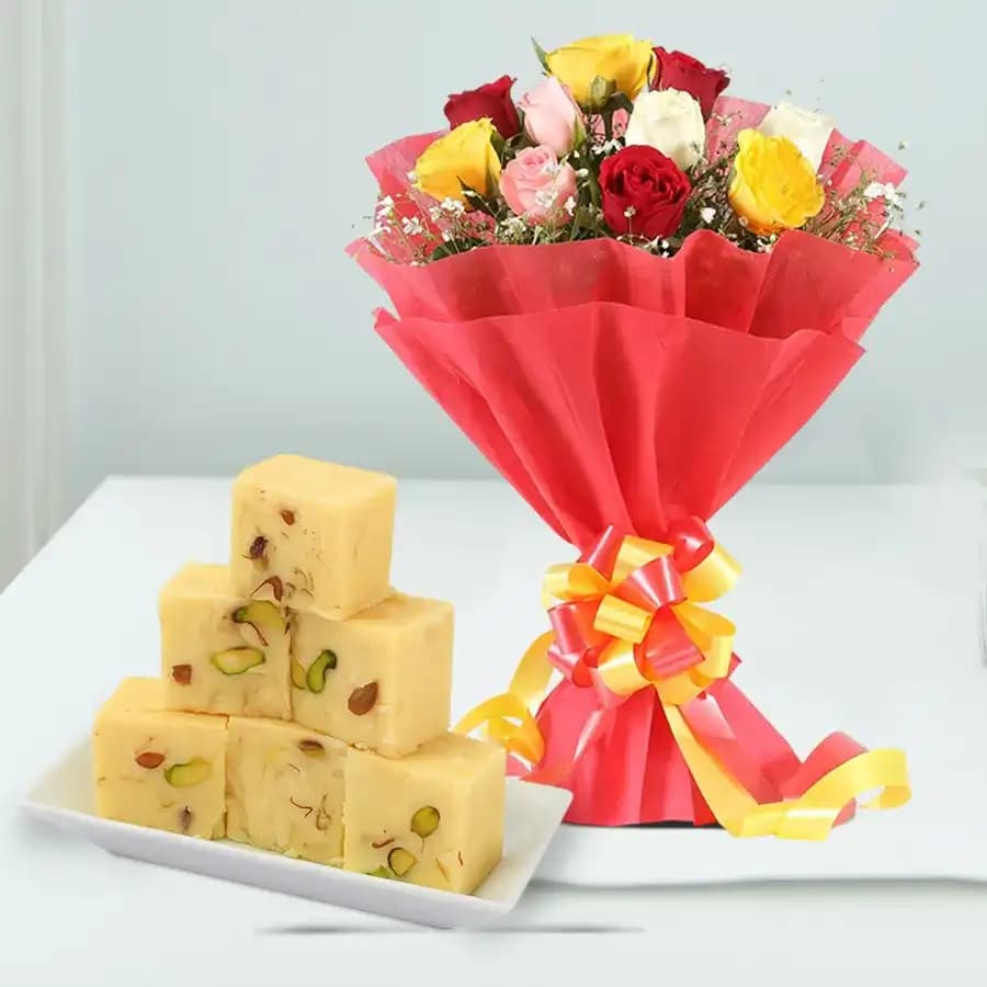 Charming Mixed Roses N Soan Papri Delight