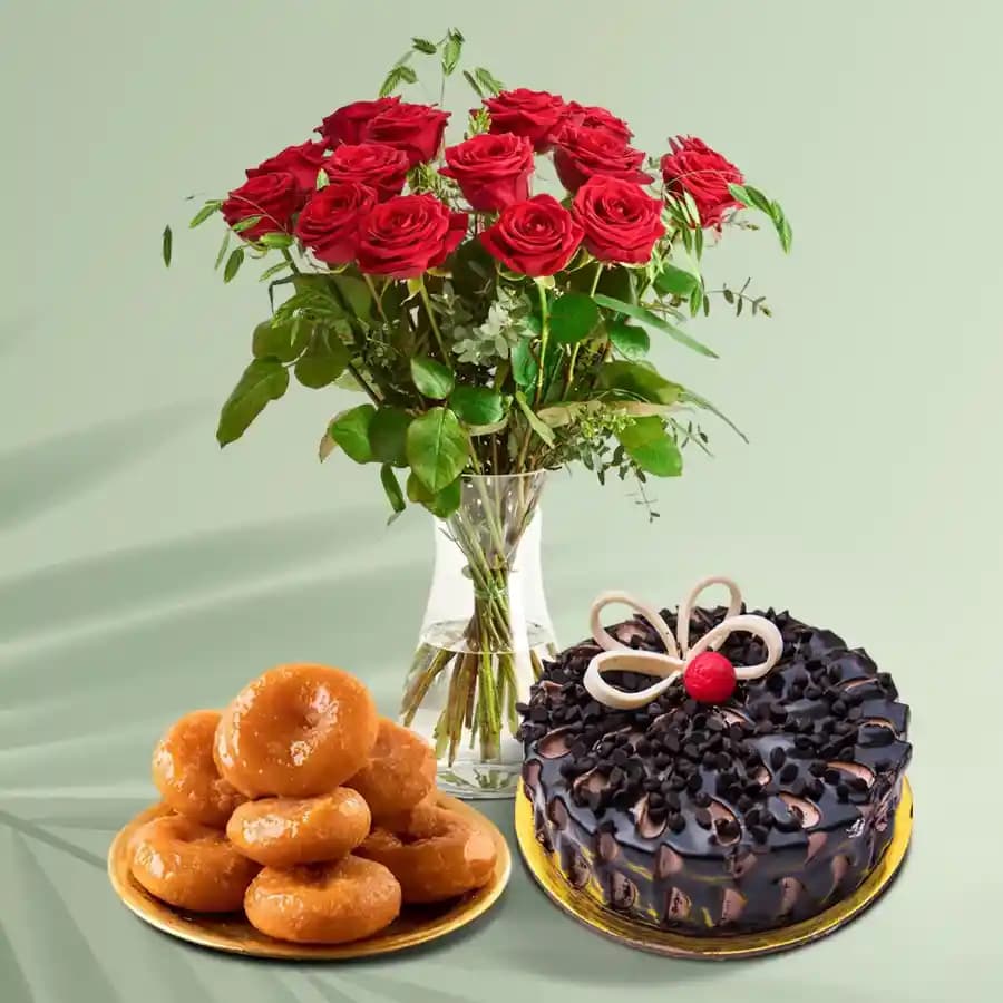 Elegant Red Roses N Delectable Treats