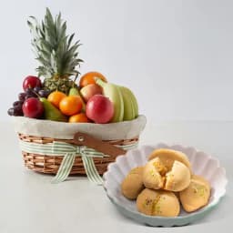 Nolen Gurer Jalbhara Sandesh from Ganguram with Fresh Fruit Basket 1