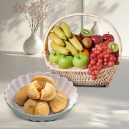Nolen Gurer Jalbhara Sandesh from Ganguram with Fresh Fruit Basket 1