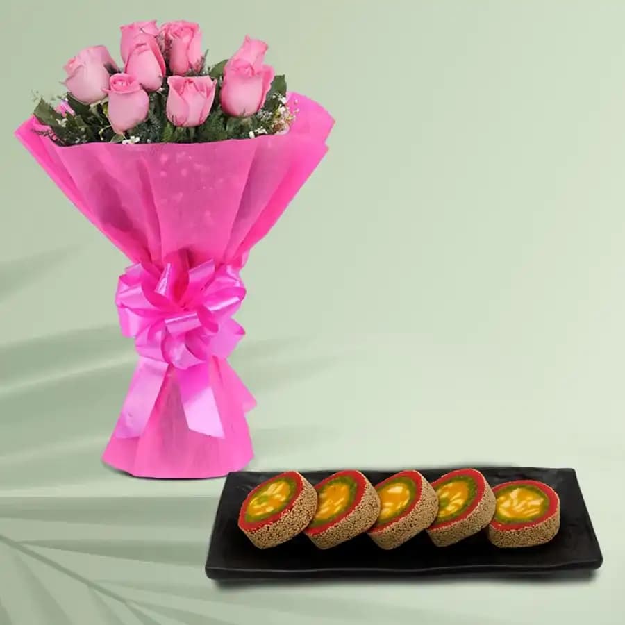 Baked Badam Jalebi from Ganguram with Pink Rose Bouquet