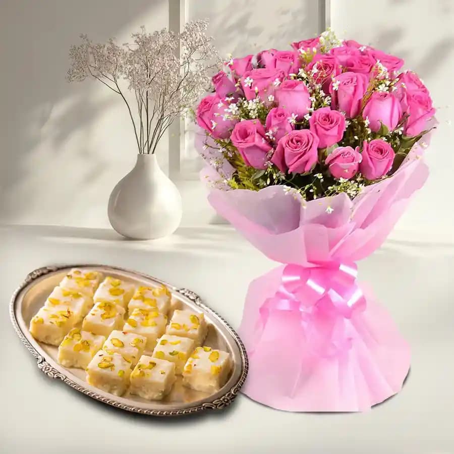 Malai Barfi from Karachi Sweet Mart with Pink Rose Bouquet