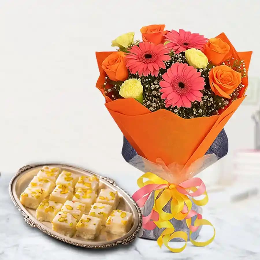 Malai Barfi from Karachi Sweet Mart with Seasonal Flower Bouquet
