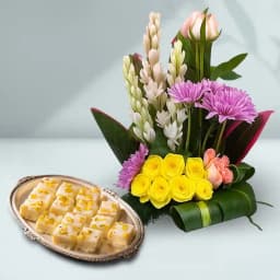 Malai Barfi from Karachi Sweet Mart with a Mixed Flower Arrangement 1