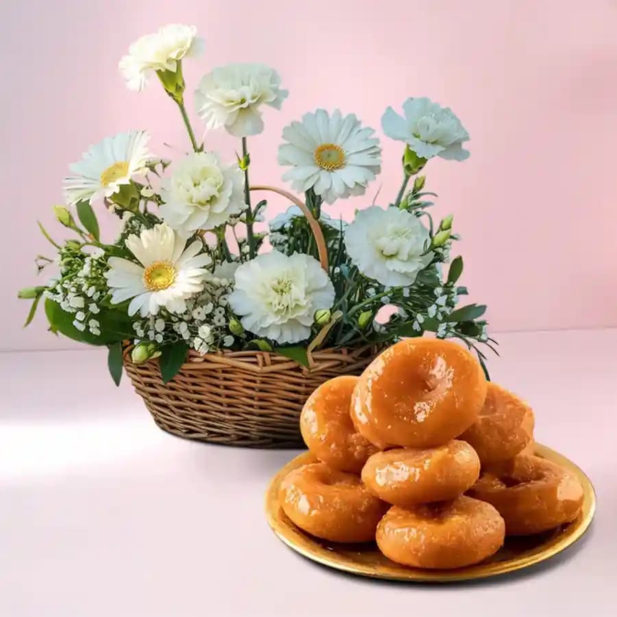 Elegant White Flowers N Badusha Delight