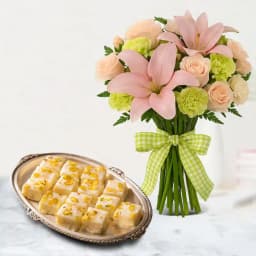 Malai Barfi from Karachi Sweet Mart with a Mixed Flowers Bouquet 1