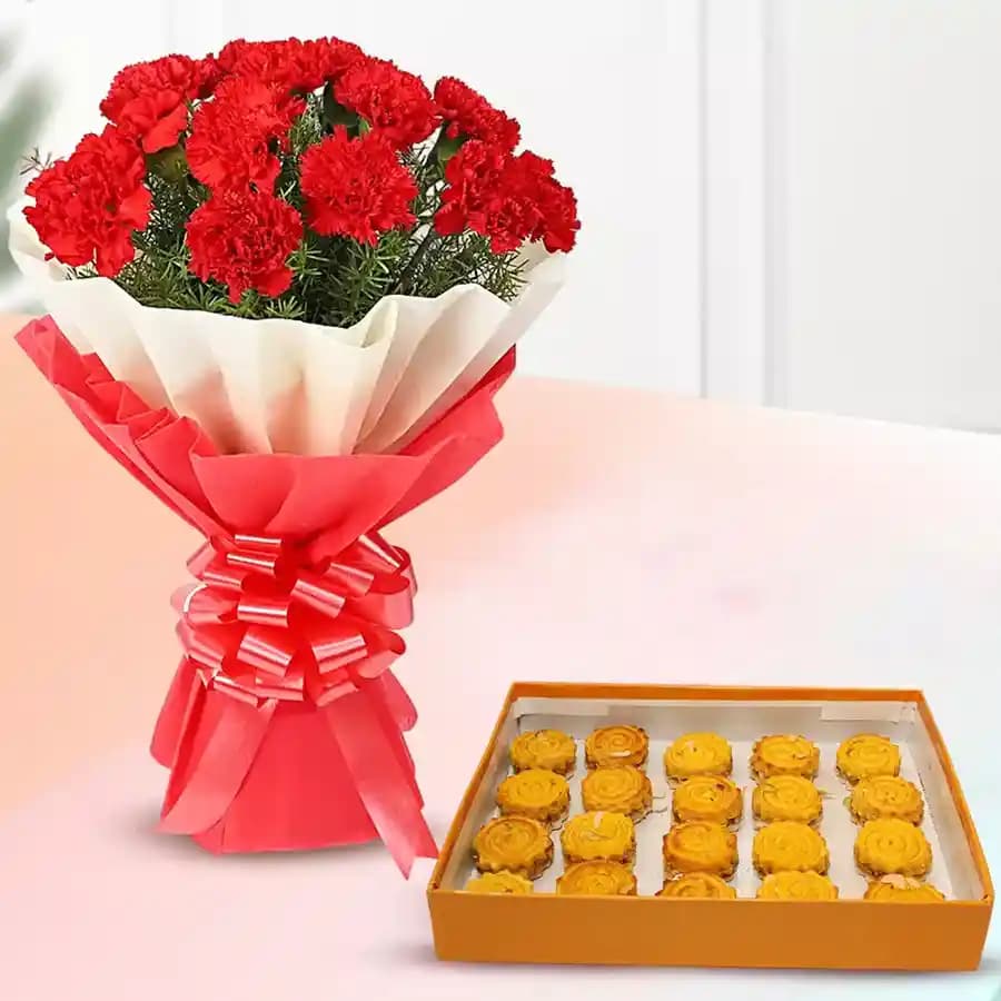 Baked Badam Jalebi from Ganguram with Red Carnation Bouquet