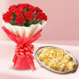 Malai Barfi from Karachi Sweet Mart with Red Carnation Tissue Wrapped Bouquet 1
