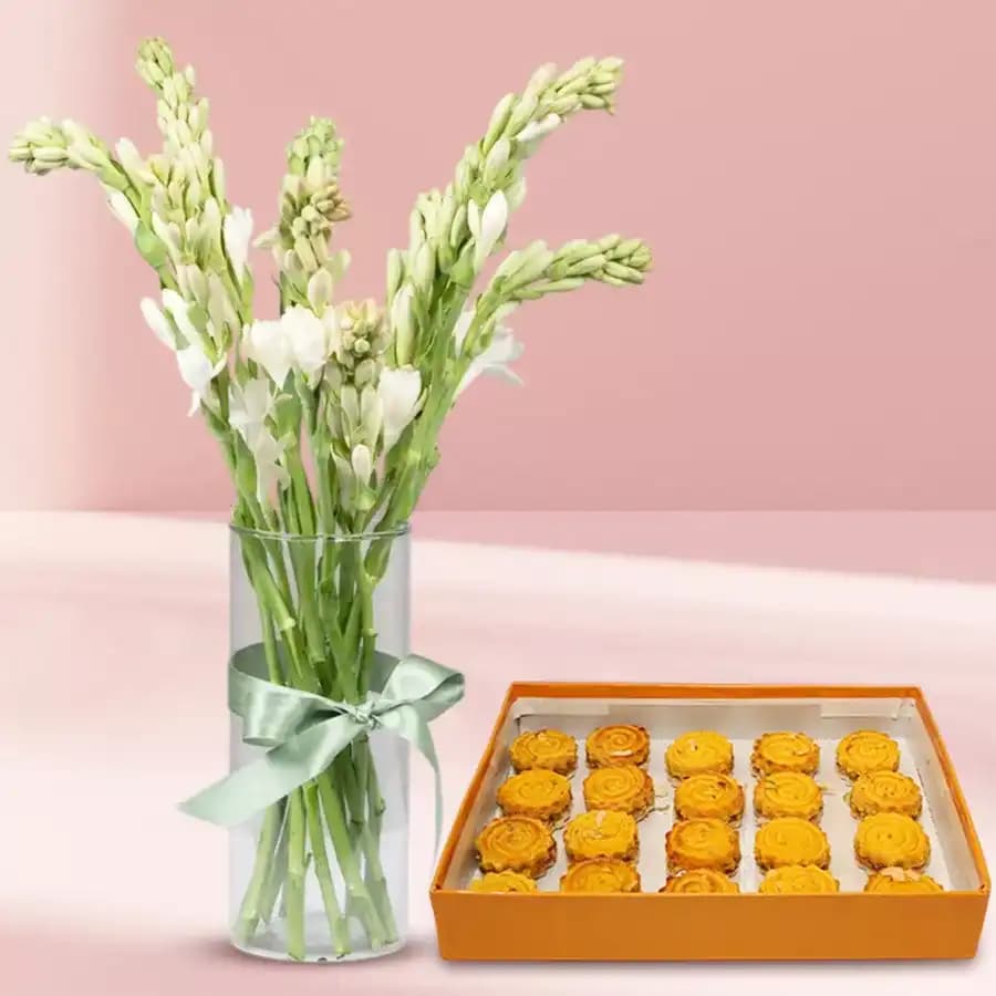 Baked Badam Jalebi from Ganguram with Rajnigandha Stems