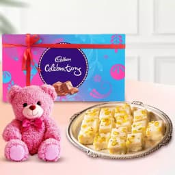 Malai Barfi from Karachi Sweet Mart with Teddy N Cadbury Celebration Chocolate Pack 1