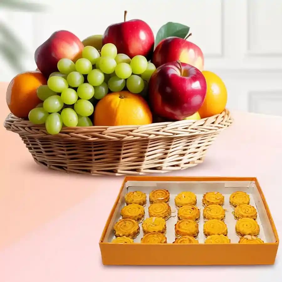 Baked Badam Jalebi from Ganguram with Fresh Fruit Basket