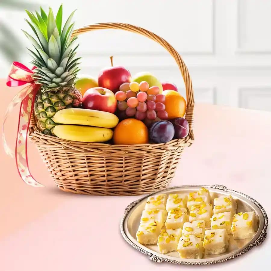 Malai Barfi from Karachi Sweet Mart with Fresh Fruit Basket