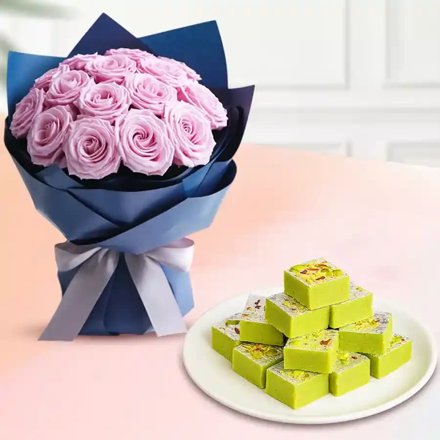 Pista Barfi from Karachi Sweet Mart with Pink Rose Bouquet