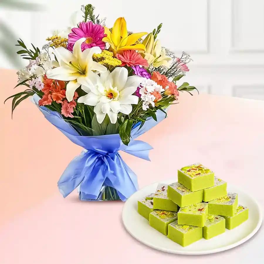 Pista Barfi from Karachi Sweet Mart with Seasonal Flower Bouquet