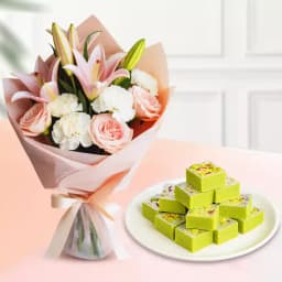 Pista Barfi from Karachi Sweet Mart with a Mixed Flowers Bouquet 1
