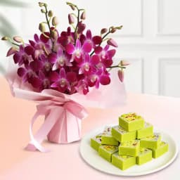Pista Barfi from Karachi Sweet Mart with Orchid Bouquet 1
