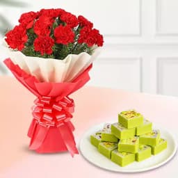 Pista Barfi from Karachi Sweet Mart with Red Carnation Tissue Wrapped Bouquet 1