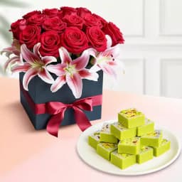 Pista Barfi from Karachi Sweet Mart with a Designer Flower Arrangement 1