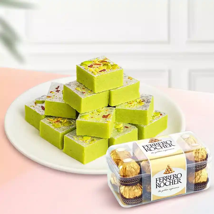 Pista Barfi from Karachi Sweet Mart with Ferrero Rocher