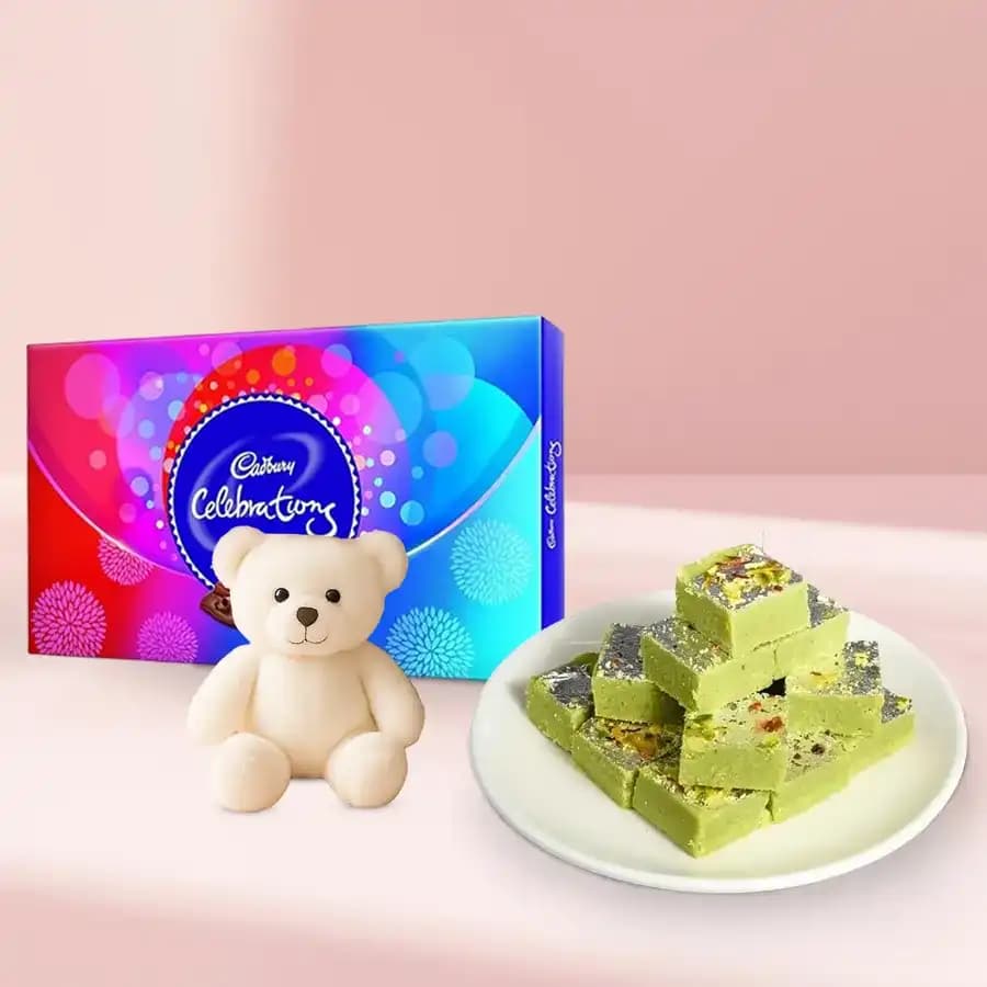 Pista Barfi from Karachi Sweet Mart with Teddy N Cadbury Celebration