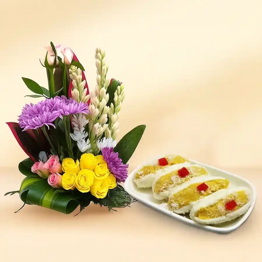 Cham Cham from Karachi Sweet Mart with a Mixed Flower Arrangement