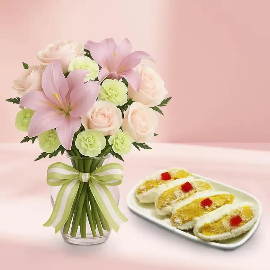 Cham Cham from Karachi Sweet Mart with a Mixed Flowers Bouquet