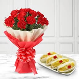 Cham Cham from Karachi Sweet Mart with Red Carnation Tissue Wrapped Bouquet 1