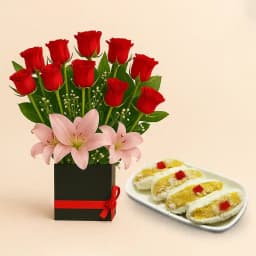 Cham Cham from Karachi Sweet Mart with a Designer Flower Arrangement 1