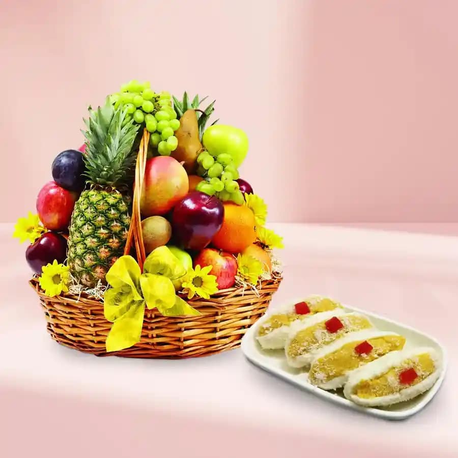 Cham Cham from Karachi Sweet Mart with Fresh Fruit Basket
