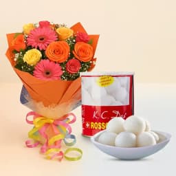 Canned Rossogolla from K.C.Das with Seasonal Flower Bouquet 1