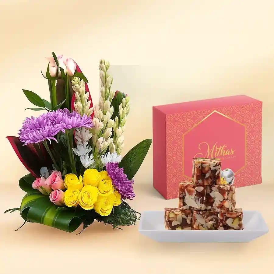 Dry Fruits Barfi from Mithas Delicious Sweets with Mixed Flower Arrangement