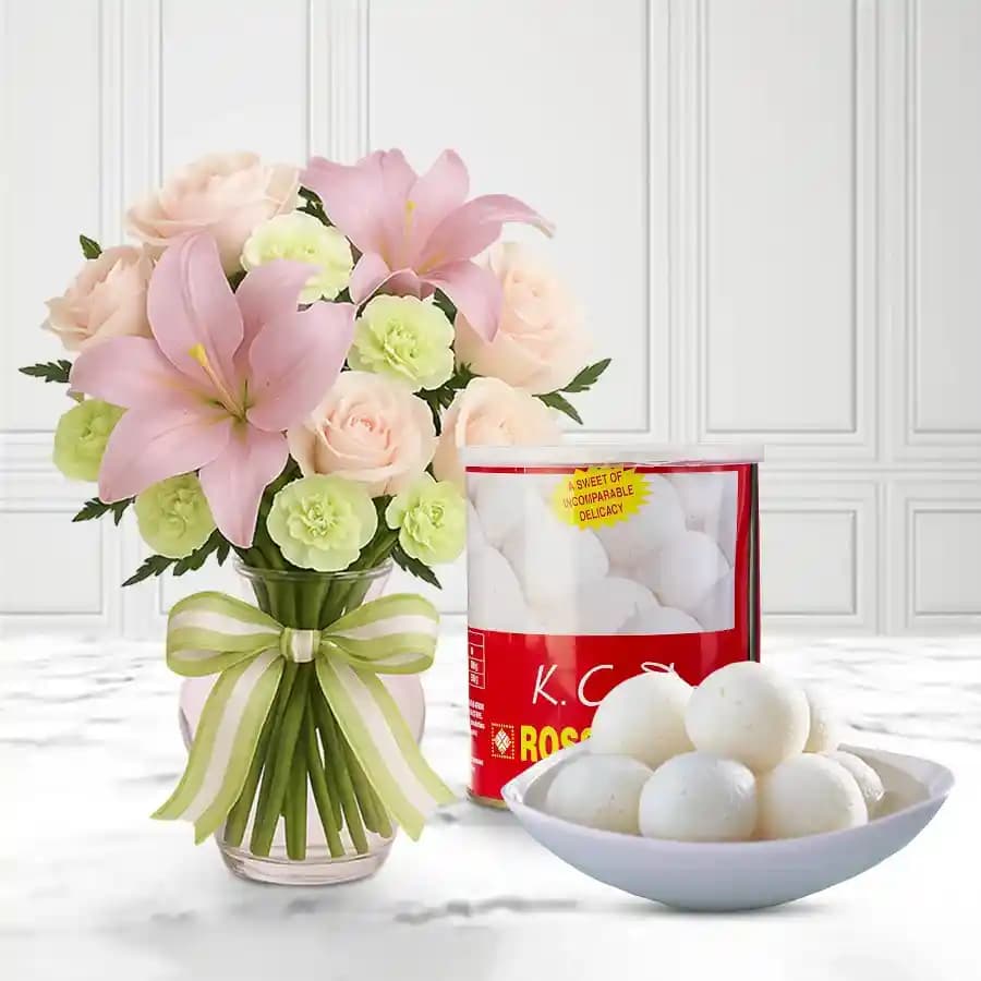 Canned Rossogolla from K.C.Das with Mixed Flowers Bouquet