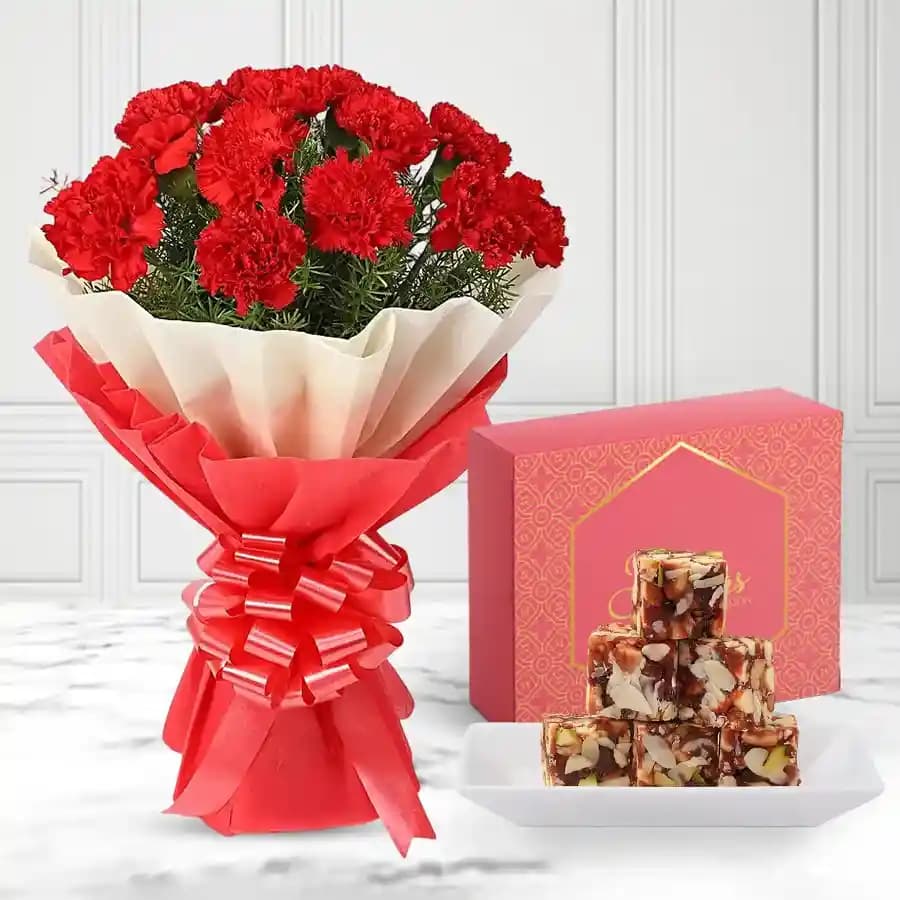 Dry Fruits Barfi from Mithas Delicious Sweets with Red Carnation Tissue Wrapped Bouquet