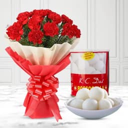 Canned Rossogolla from K.C.Das with Red Carnation Bouquet 1