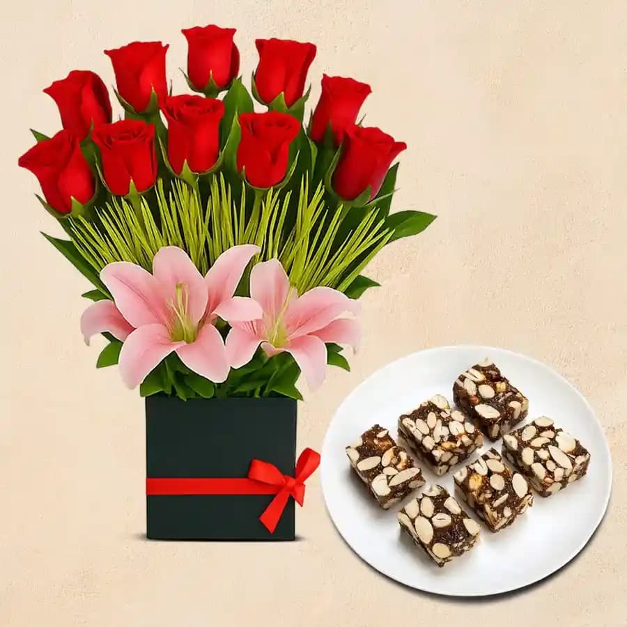 Dry Fruits Barfi from Mithas Delicious Sweets with Designer Flower Arrangement