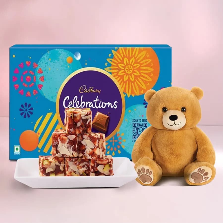 Dry Fruits Barfi from Mithas Delicious Sweets with Teddy N Cadbury Celebration Pack