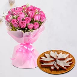 Anjeer Katli from Mithas Delicious Sweets with Pink Rose Bouquet 1