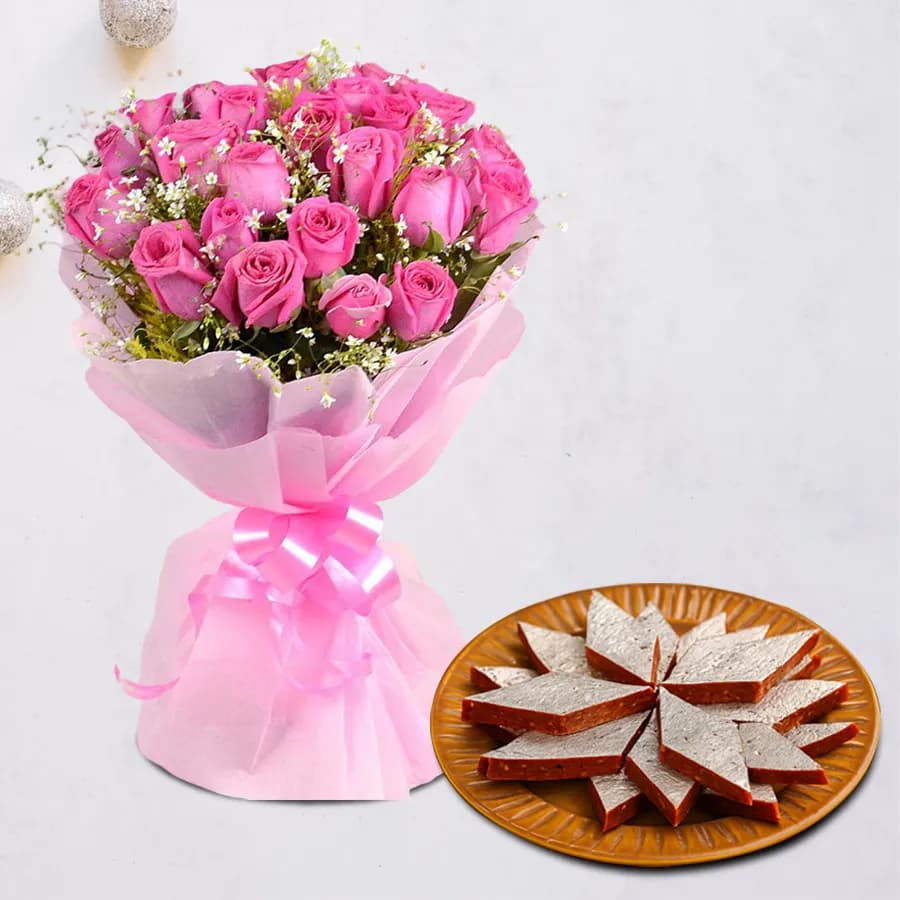 Anjeer Katli from Mithas Delicious Sweets with Pink Rose Bouquet