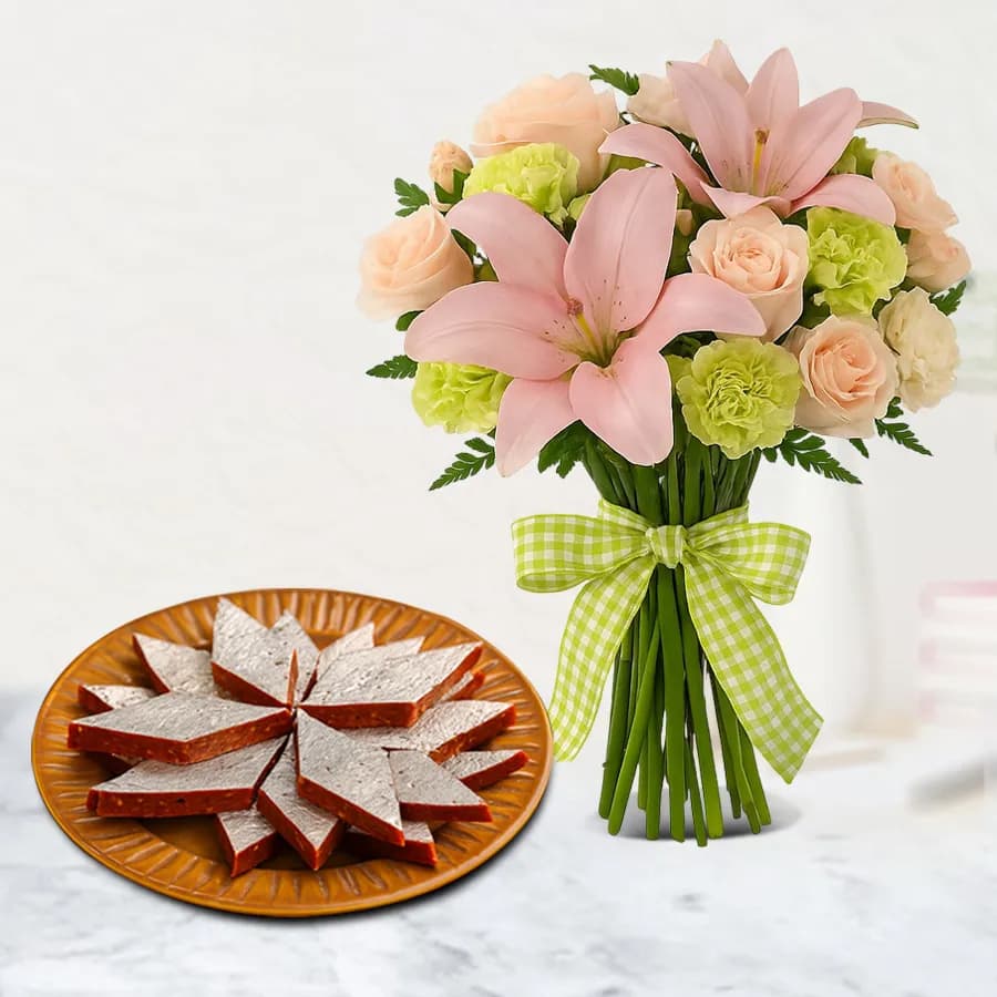 Anjeer Katli from Mithas Delicious Sweets with Mixed Flowers Bouquet