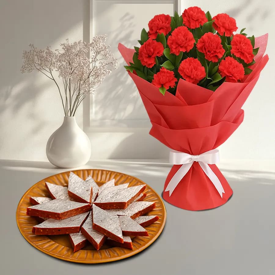 Anjeer Katli from Mithas Delicious Sweets with Red Carnation Tissue Wrapped Bouquet