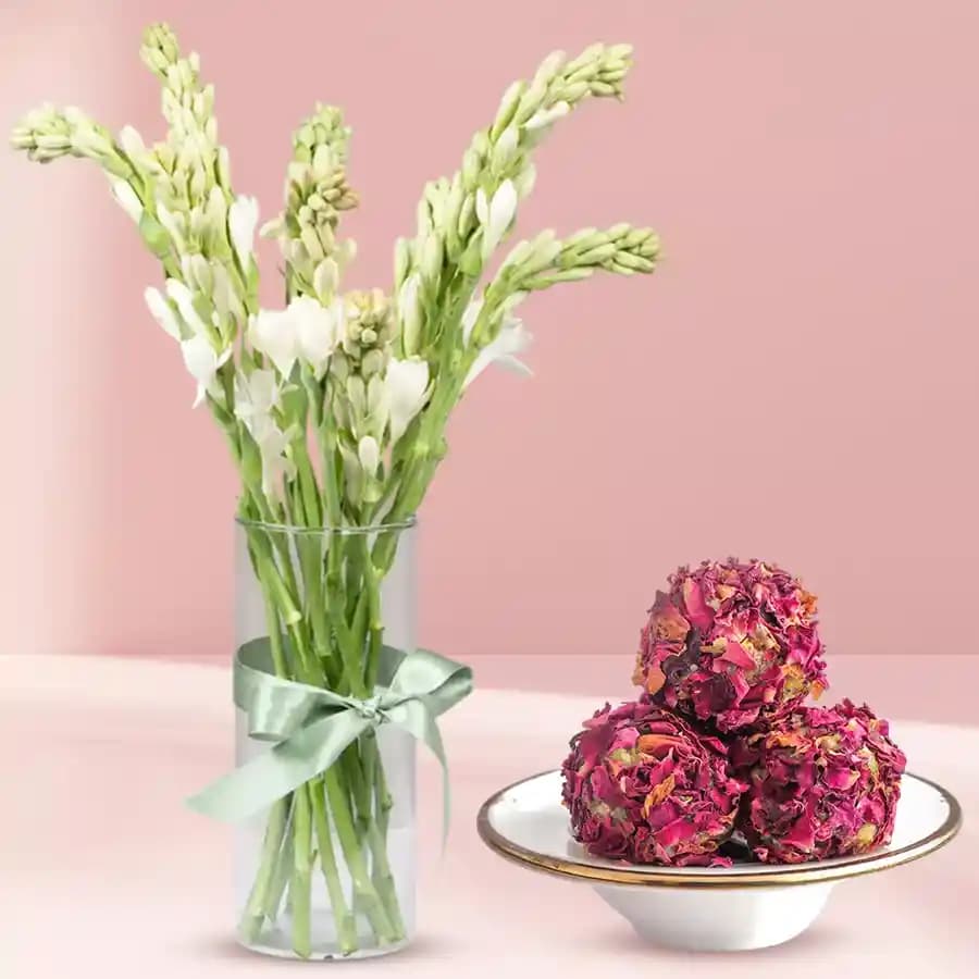 Sumptuous Kaju Rose Laddu with Stylish Floral Vase