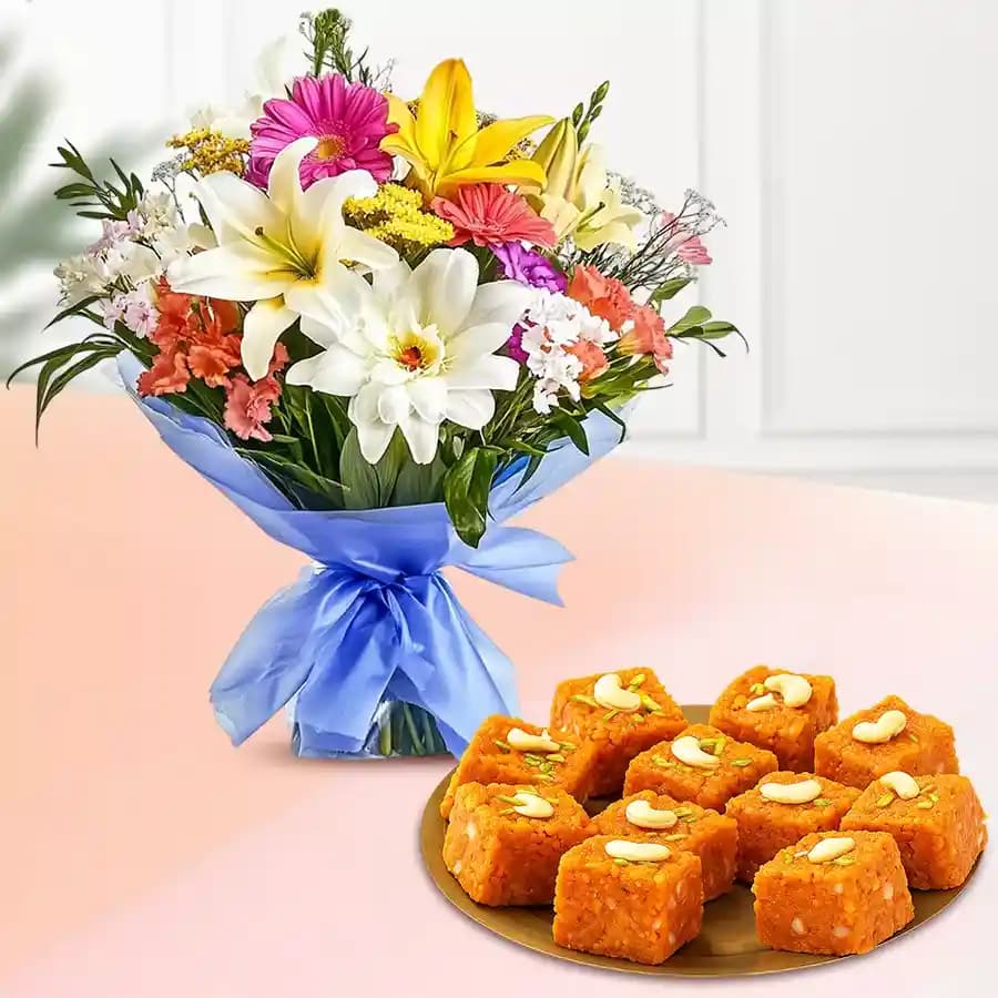 Akhrot Barfi from Mithas Delicious Sweets with Seasonal Flower Bouquet