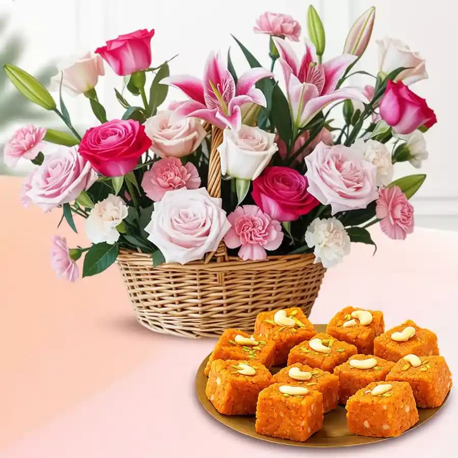 Akhrot Barfi from Mithas Delicious Sweets with Mixed Flower Arrangement