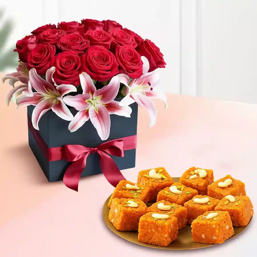 Akhrot Barfi from Mithas Delicious Sweets with Designer Flower Arrangement