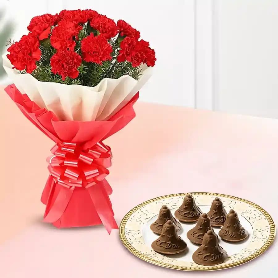 Choc-O-Bell from K.C.Das with Red Carnation Bouquet