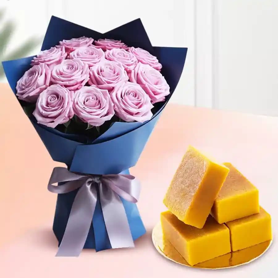 Elegant Delight: Mysore Pak & Rose Bouquet