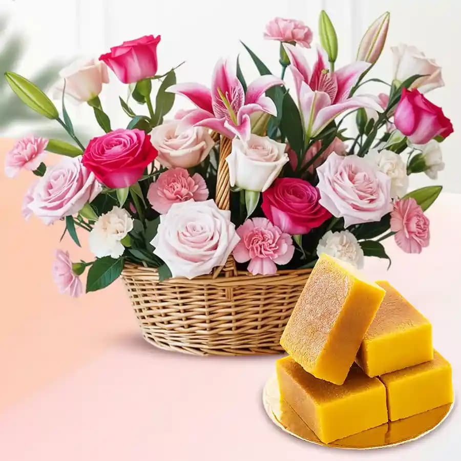 Delightful Duo: Mysore Pak & Floral Bouquet